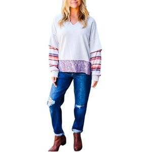 SUGARFOX BOHO ENERGY TAUPE STRIPE & PAISLEY TWOFER TERRY TOP